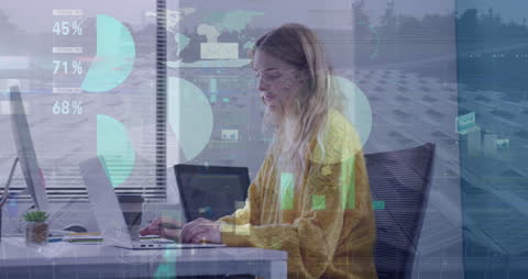 Caucasian Woman Working on Laptop with Interactive Infographic Overlays