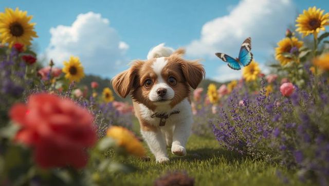 Trotting brown-and-white puppy through vibrant wildflower meadow with blue butterfly