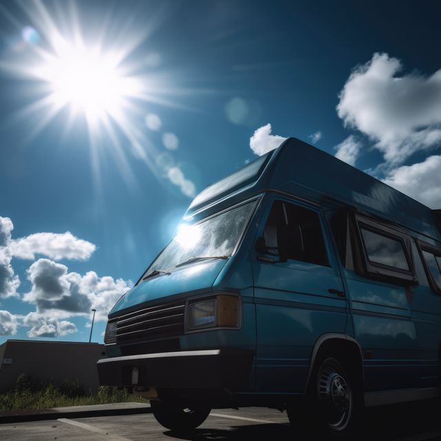 Blue camper van captured during a sunny day with fluffy clouds and bright sun overhead. The image evokes a sense of travel and adventure, perfect for use in advertisements for road trips, outdoor experiences, and camping gear. It can also be used for blog posts or articles on travel, van life, and lifestyle.