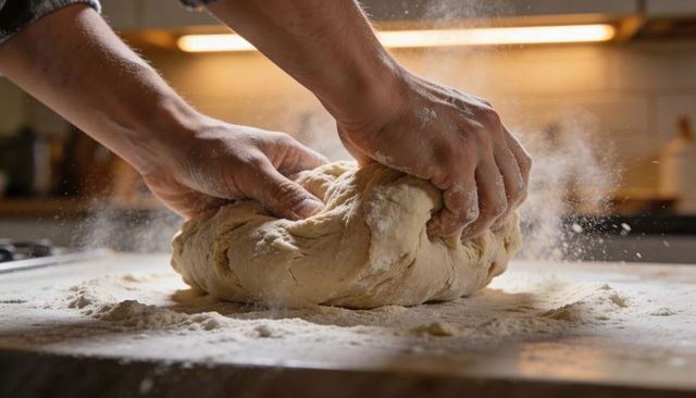 Kneading Rustic Dough on Floured Counter with Warm Kitchen Lighting