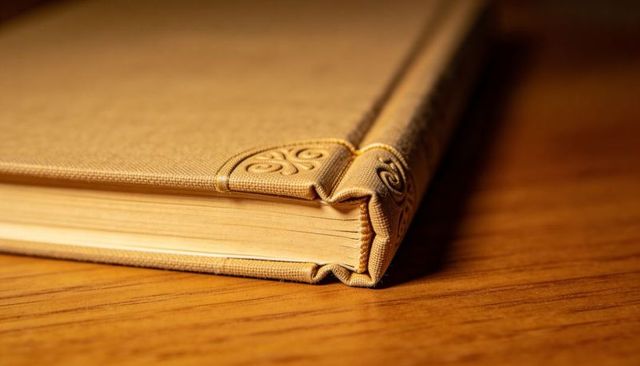 Resting beige cloth hardcover book showing embossed swirl corners and aged pages