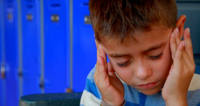 A young boy is seen holding his head with both hands, appearing agitated and experiencing discomfort, possibly a headache. Brightly colored lockers are visible in the background, suggesting a school environment. The image can be used to illustrate articles on children's mental health, stress in school settings, or physical symptoms of anxiety among young students.