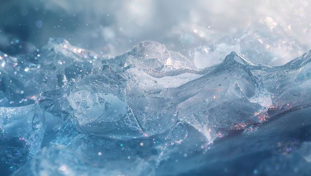 Glacial ice formation with shimmer and bokeh flares