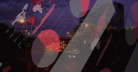 Translucent world map overlay on night urban highway showing red data markers and bokeh