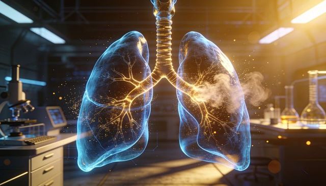 Glowing holographic lungs emitting vapor in futuristic medical research lab