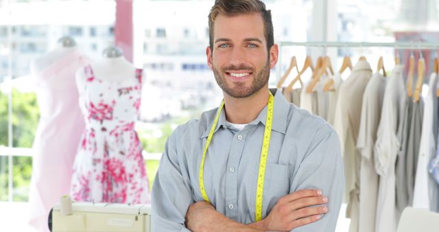 Smiling Male Fashion Designer in Studio with Attire and Mannequins - Download Free Stock Images Pikwizard.com