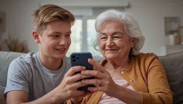 Grandson Showing Smartphone to Smiling Grandmother on Cozy Sofa