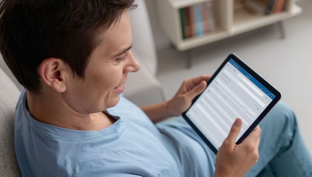 Smiling man scrolling tablet on sofa wearing light blue T-shirt and jeans in modern lounge