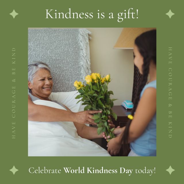 Perfect visual for stories or posts promoting World Kindness Day. This warm photo captures a young girl offering a bouquet of yellow flowers to her bedridden grandmother, emphasizing themes of kindness, care, and love across generations.
