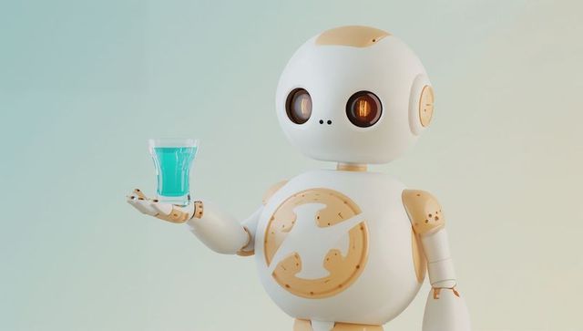 Humanoid robot holding turquoise drink presenting futuristic pastel glossy ai companion