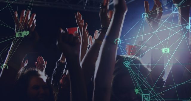 Image of digital social media interface icons over people dancing and having fun during concert at music venue. Global networking social media entertainment, concept digital composite.