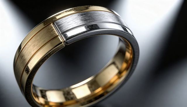 Floating two-tone brushed gold and silver ring with polished band for jewelry advertising