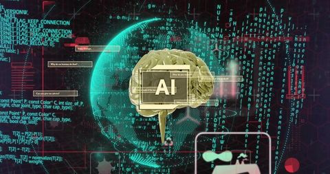 Floating 3d brain labeled ai over holographic globe with code streams and network ui
