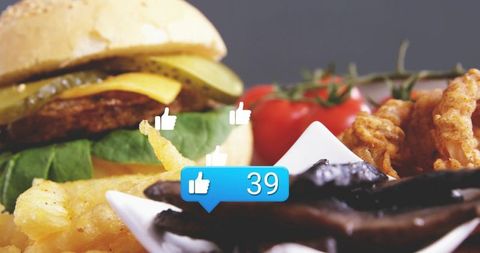 Sesame bun cheeseburger with fries, mushrooms and 39 likes social media engagement