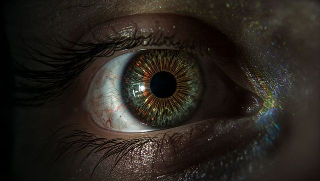 Macro green-hazel iris revealing radiant radial patterns, glitter skin and iridescent highlights