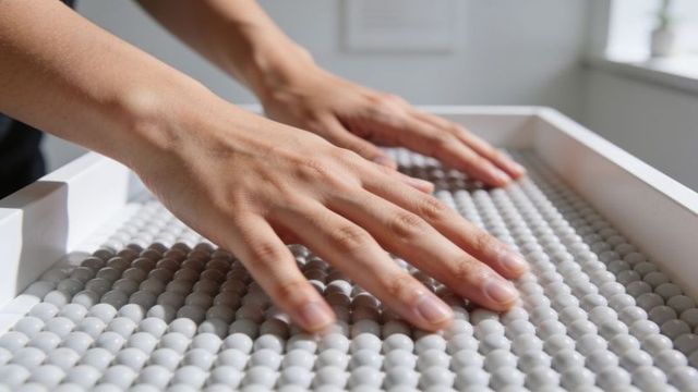 Pressing hands into monochrome bead grid for tactile therapy, sensory play and relaxation