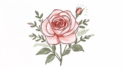Delicate watercolor pink rose drawing with bud
