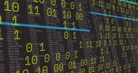 Streaming binary code overlaying dark terminal with neon green digits and cyan highlights