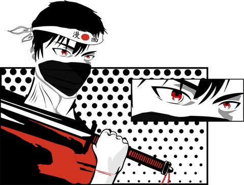 Manga-inspired warrior holding bloody katana transparent background