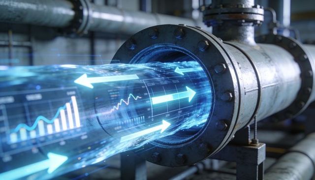 Industrial data flow visualization through metal pipe with holographic analytics overlay