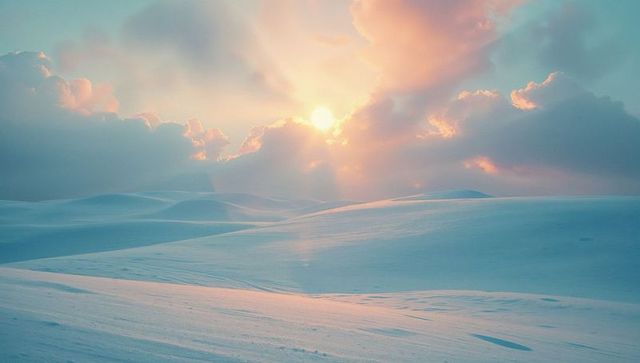 Serene Sunrise Over Snowy Landscape With Pastel Clouds