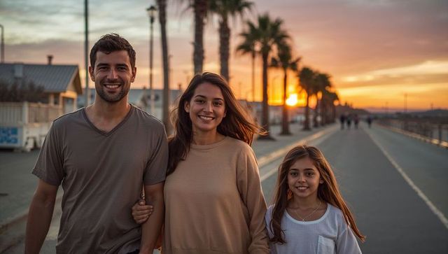Smiling Family Walking Seaside Walkway at Sunset