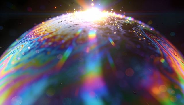 Glowing iridescent film reflecting rainbow light with bokeh, droplets and sunflare