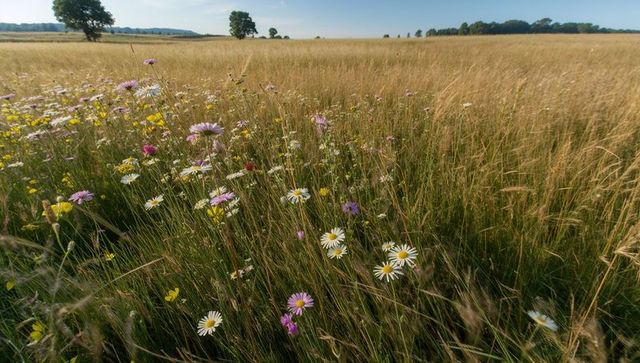 Sunlit wildflower meadow swaying with daisies and golden grasses, distant treeline