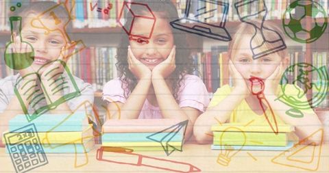 happy children in library surrounded by creative educational doodles - Download Free Stock Images Pikwizard.com