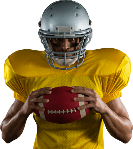Transparent confident football player holding ball with determined look