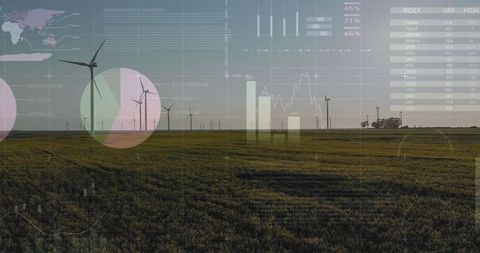 Eco-friendly wind turbines with digital infographics on sustainable power
