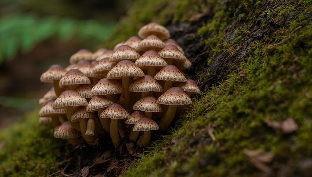 Dense cluster of tan-brown mushrooms sprouting from moss-covered log in shaded woodland