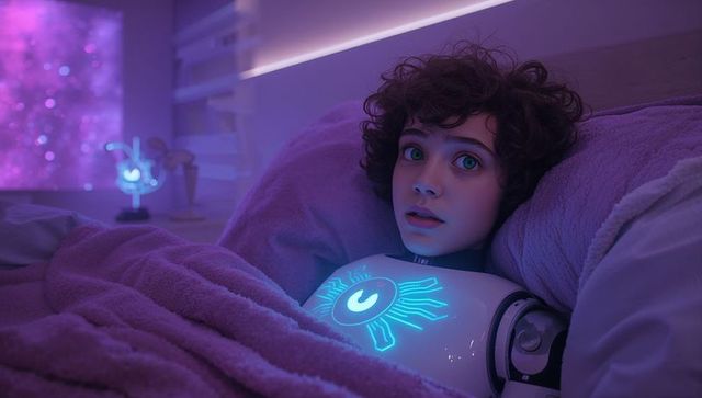 Futuristic girl embracing illuminated robot core in cozy bedroom