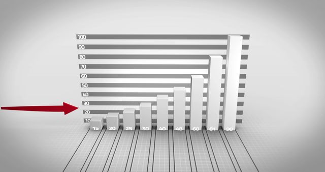 3D bar graph shows ascending values with a red arrow highlighting a specific data point. Useful for business presentations, financial reports, performance tracking, educational purposes, market research, and illustrating growth trends.