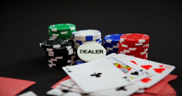 Playing cards and casino chips on poker table in casino 