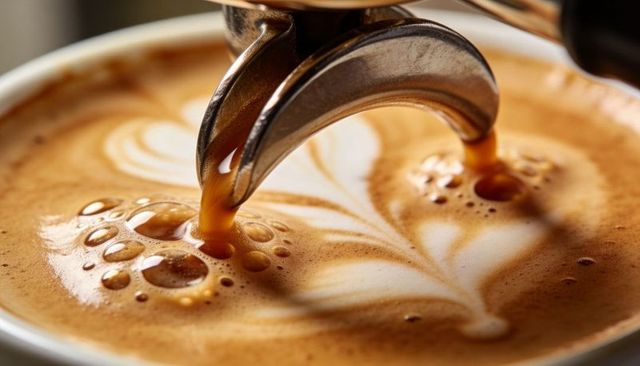 Macro espresso pouring forming heart latte art rosette with crema and portafilter