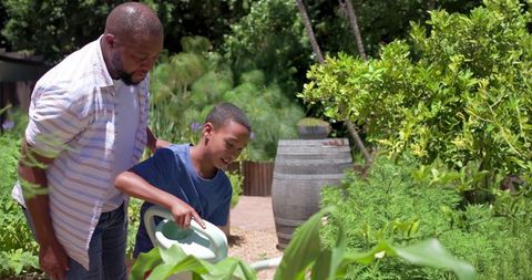 African american father teaching teen son backyard gardening watering plants together