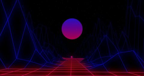 Futuristic Neon Landscape with Glowing Orb and 3D Grid