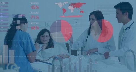 Doctors Analyzing Patient Data in Hospital with Tech Graphics