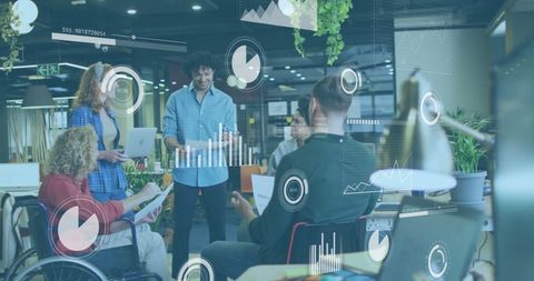 Diverse team collaborates with innovative data visualization
