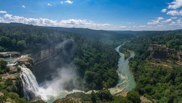 Cascading tiered waterfall plunging into lush river gorge with mist and forest panorama