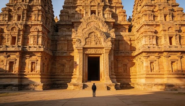 Solo traveler standing before ornate ancient temple portal during golden hour