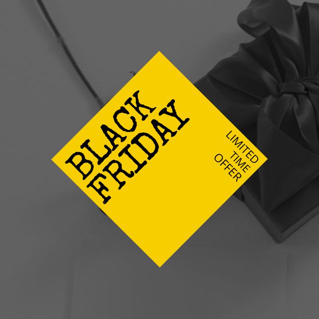 Composition of black friday text on yellow sign over present with ribbon. Black friday, christmas shopping, sales and retail concept digitally generated image.
