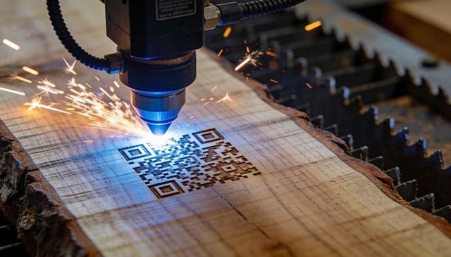 CNC Laser Engraving QR Code on Live-Edge Wood Slab with Sparks and Blue Light