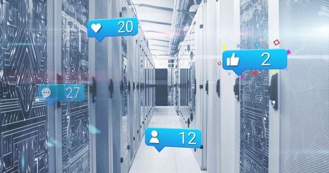 Modern Data Center with Floating Social Media Notifications