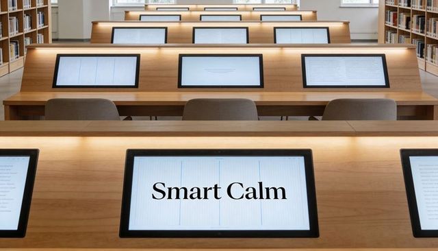 Smart Calm Study Rows and Carrels with Integrated Touchscreens in Minimalist Daylit Library