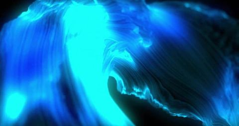 Luminous cyan wave curling through dark void, neon abstract motion glow