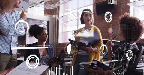 Team Collaboration with Data Visualization Overlays in Modern Workspace