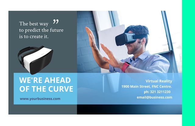 Promoting innovation, a man experiencing virtual reality highlights the cutting-edge technology theme. Ideal for tech startups, the template can also suit educational programs emphasizing futuristic learning tools.