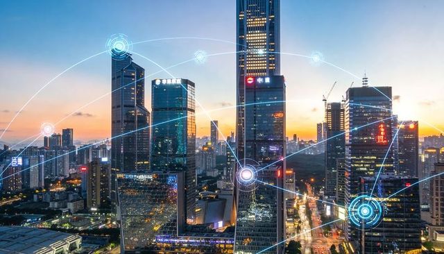 Smart city network at dusk showing connected skyscrapers, glowing nodes and urban data flow